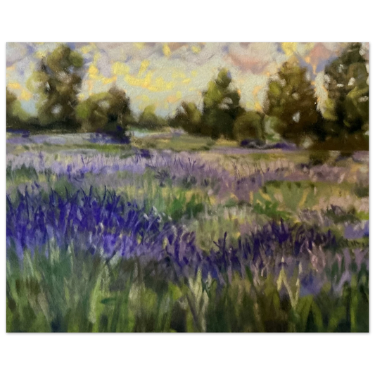 Contemporary lavender field landscape art in pastels, inspired by English Cotswold countryside