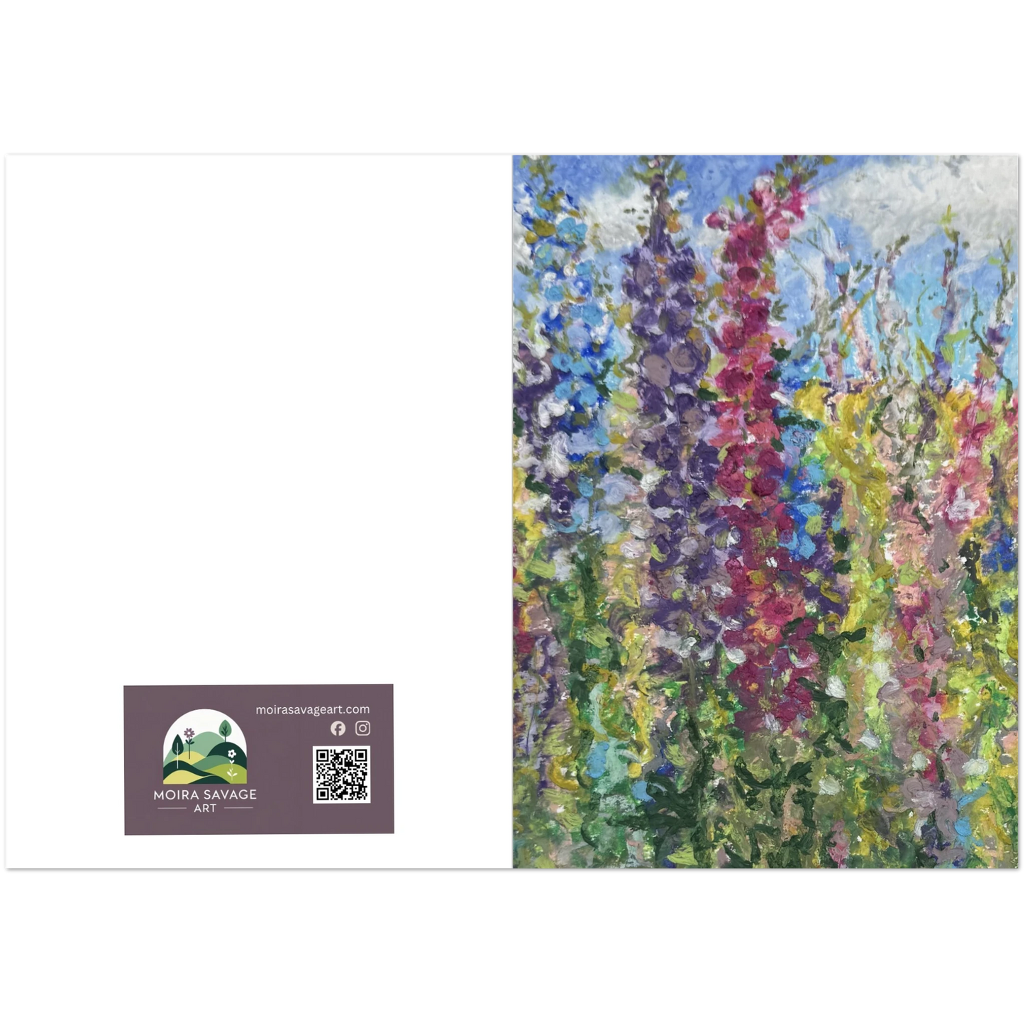 Botanical pastel painting capturing light on delphinium confetti flower spikes, English summer garden scene, Worcestershire