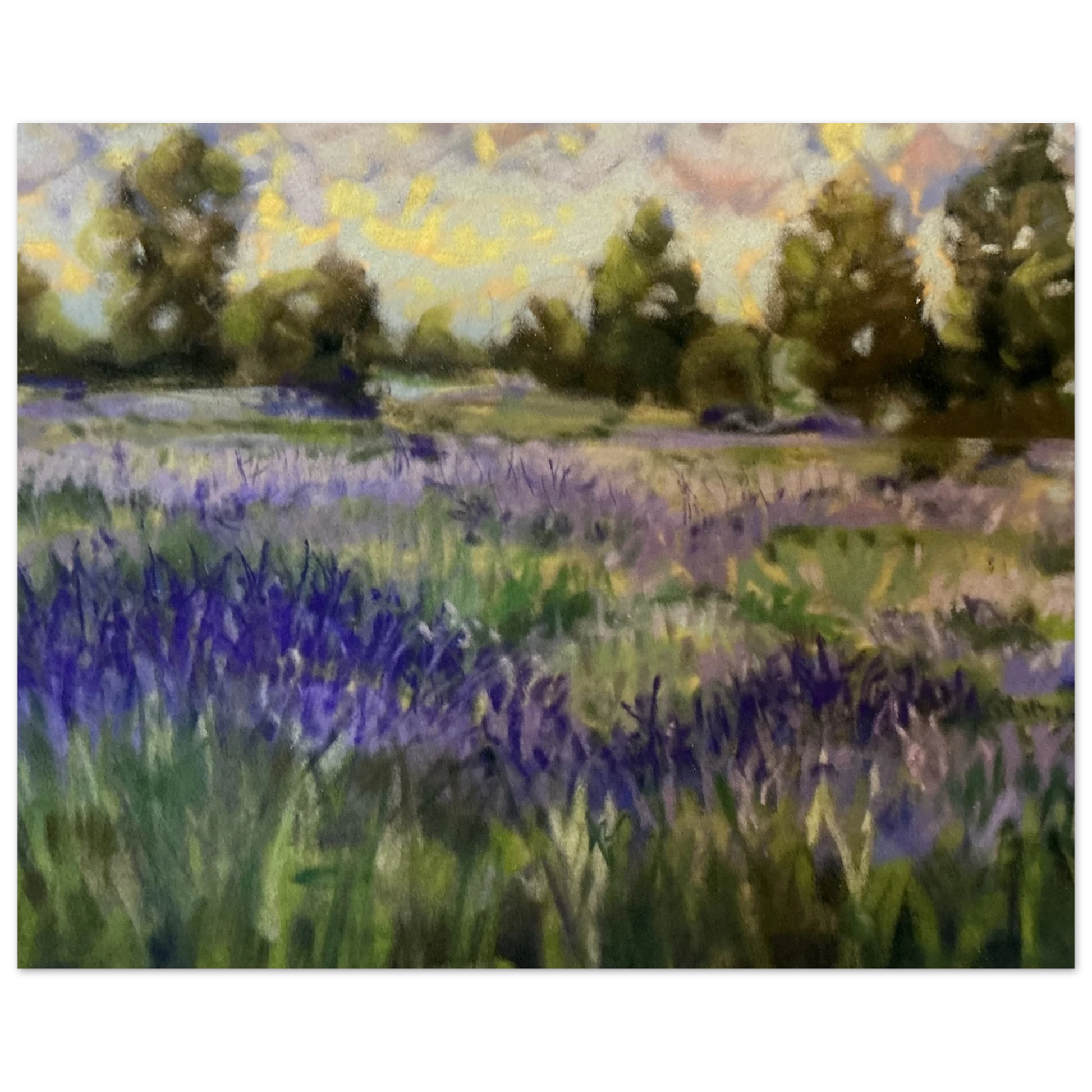 Contemporary lavender field landscape art in pastels, inspired by English Cotswold countryside