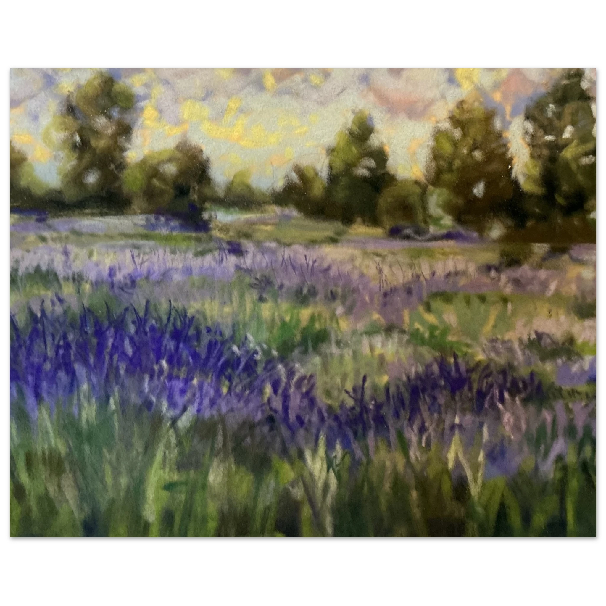 Contemporary lavender field landscape art in pastels, inspired by English Cotswold countryside