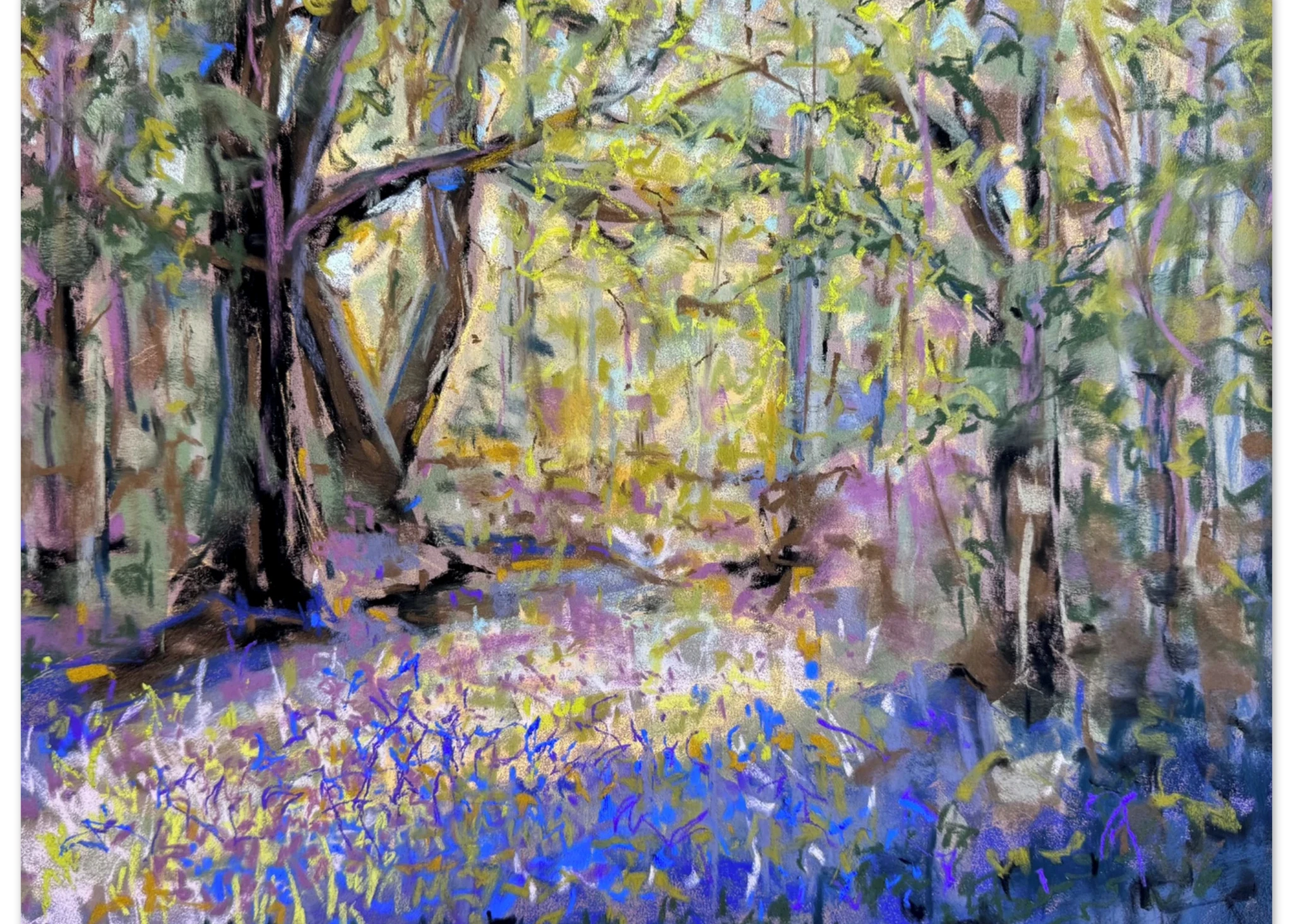 Soft pastel landscape of bluebells carpeting ancient woodland in the Malvern Hills, UK, flower art by Moira Savage