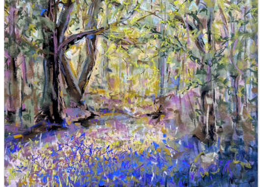 Soft pastel landscape of bluebells carpeting ancient woodland in the Malvern Hills, UK, flower art by Moira Savage