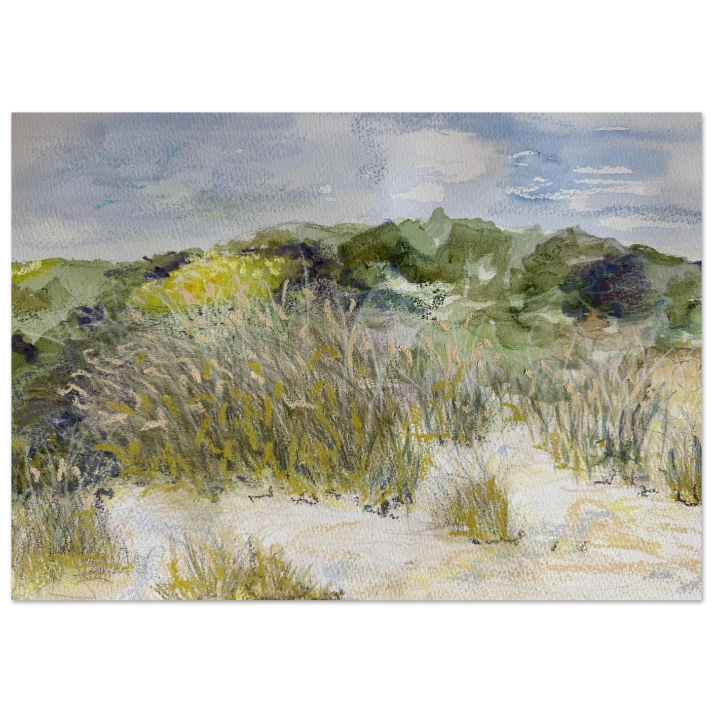 Painting of a landscape with grass, bushes, and a cloudy sky.