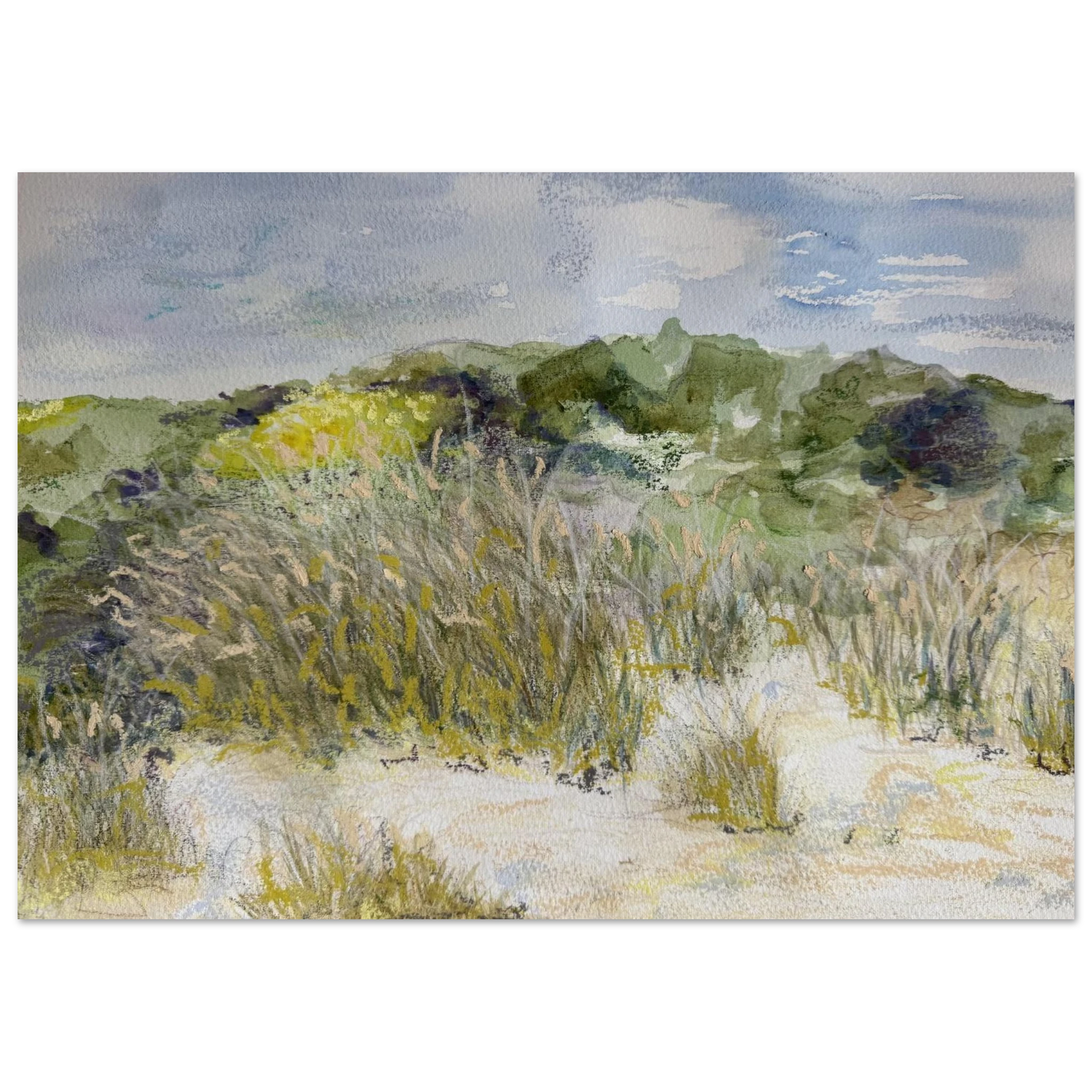 Painting of a landscape with grass, bushes, and a cloudy sky.