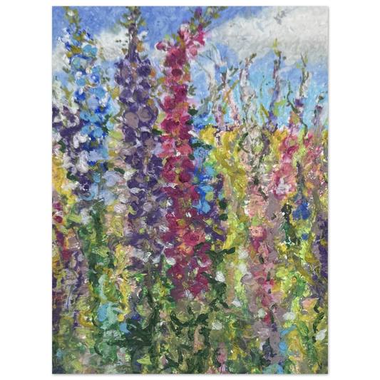 Original soft pastel painting of delphinium ‘Confetti’ flower field with tall blue spires in summer by Moira Savage