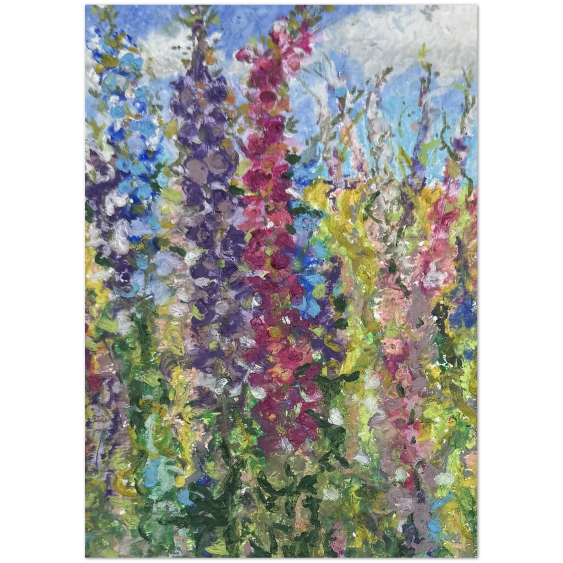 Colorful floral painting with a variety of flowers on a white background