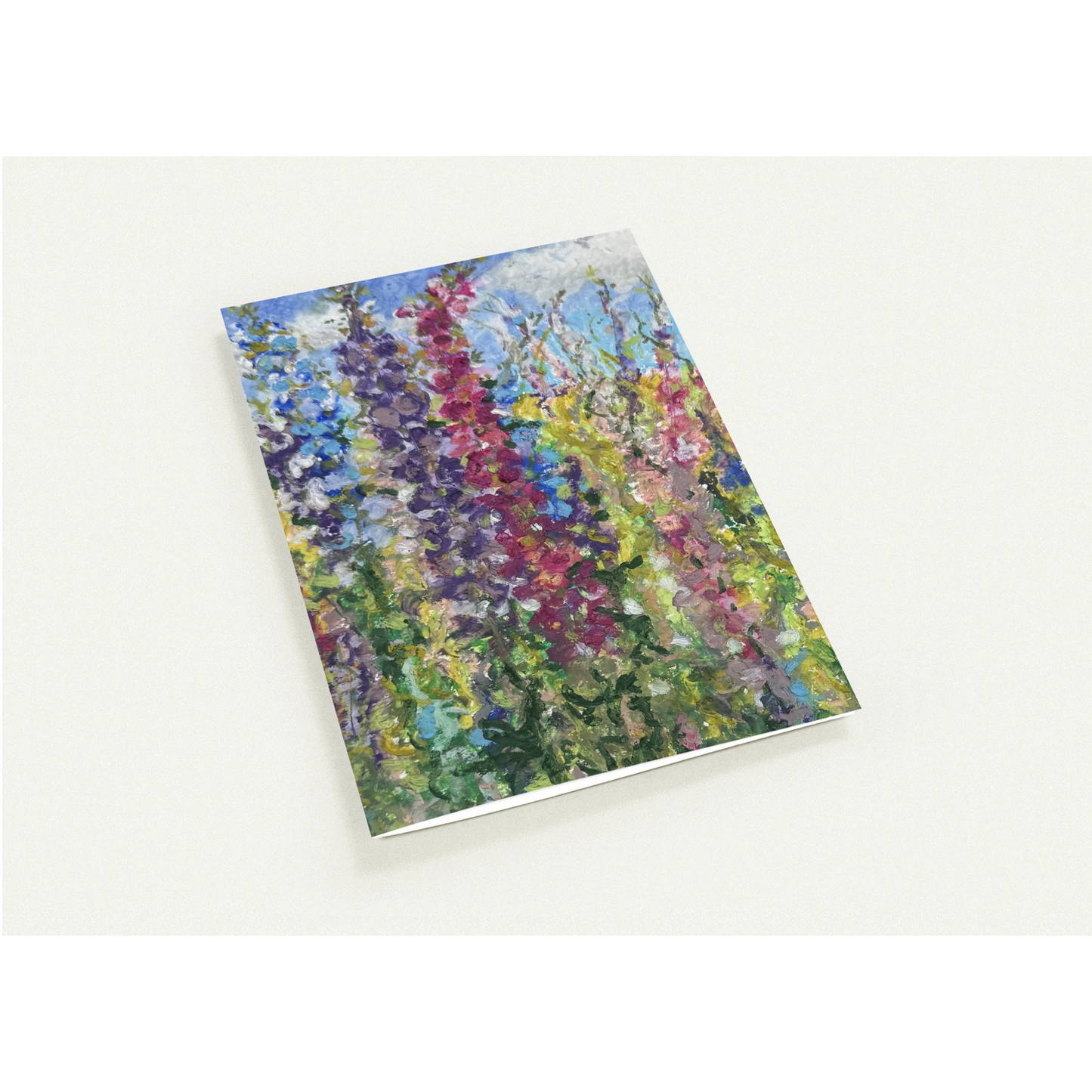 Botanical pastel painting capturing light on delphinium confetti flower spikes, English summer garden scene, Worcestershire