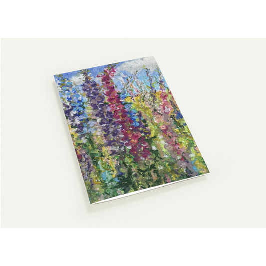Botanical pastel painting capturing light on delphinium confetti flower spikes, English summer garden scene, Worcestershire