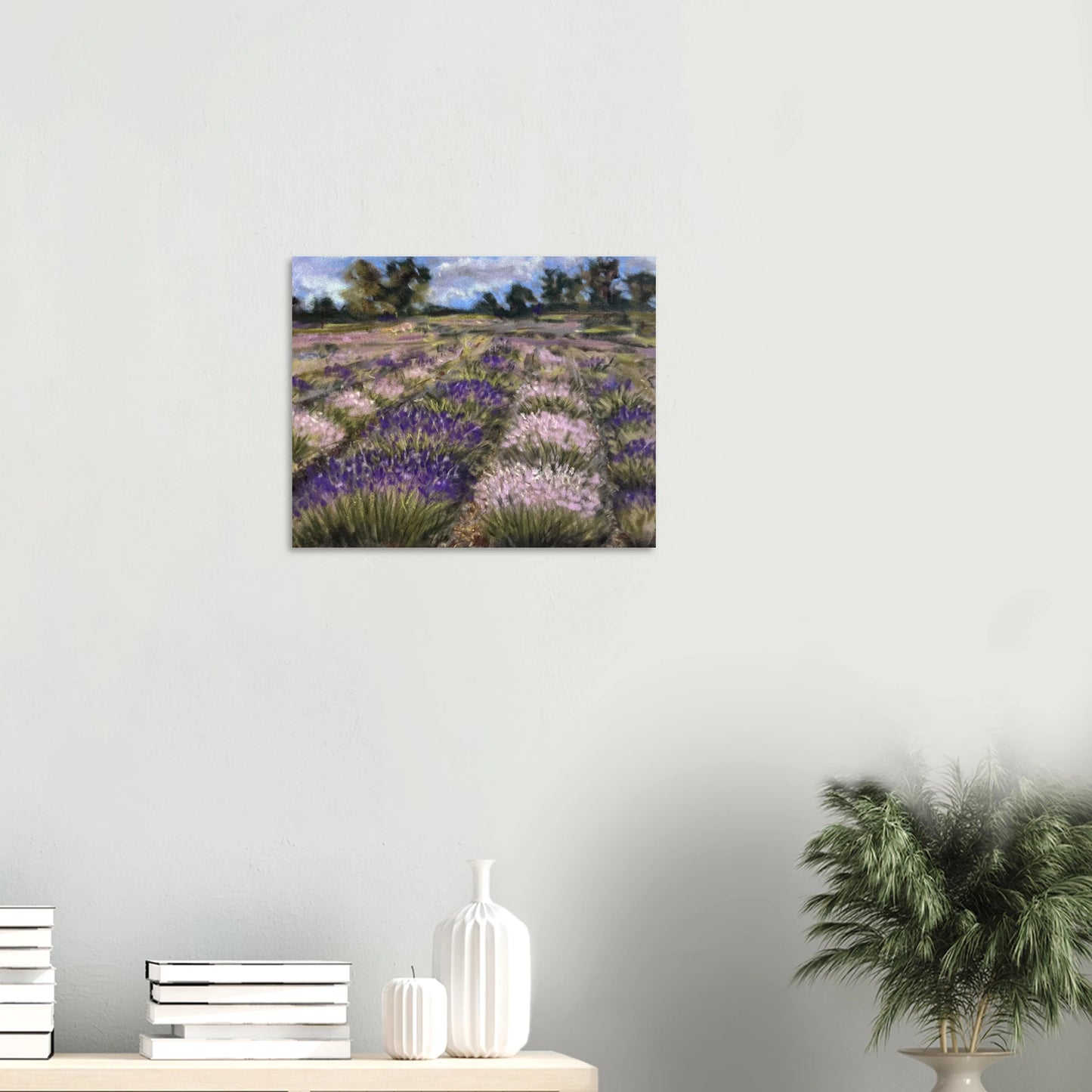Soft pastel painting capturing Cotswold Hills lavender field in bloom, English countryside floral landscape art