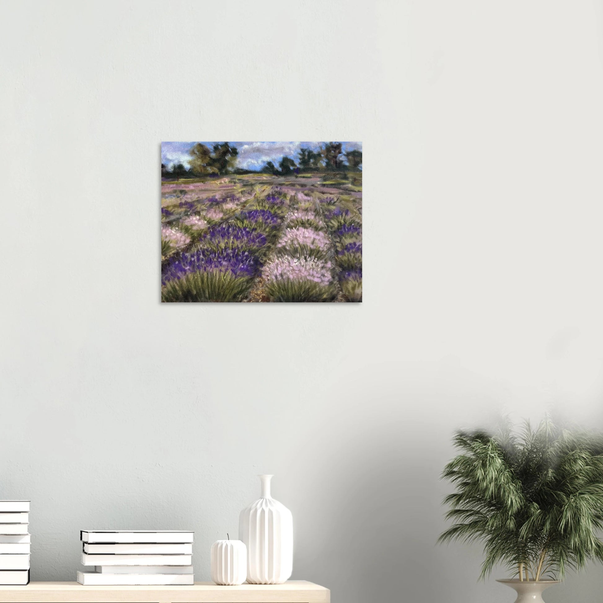 Soft pastel painting capturing Cotswold Hills lavender field in bloom, English countryside floral landscape art