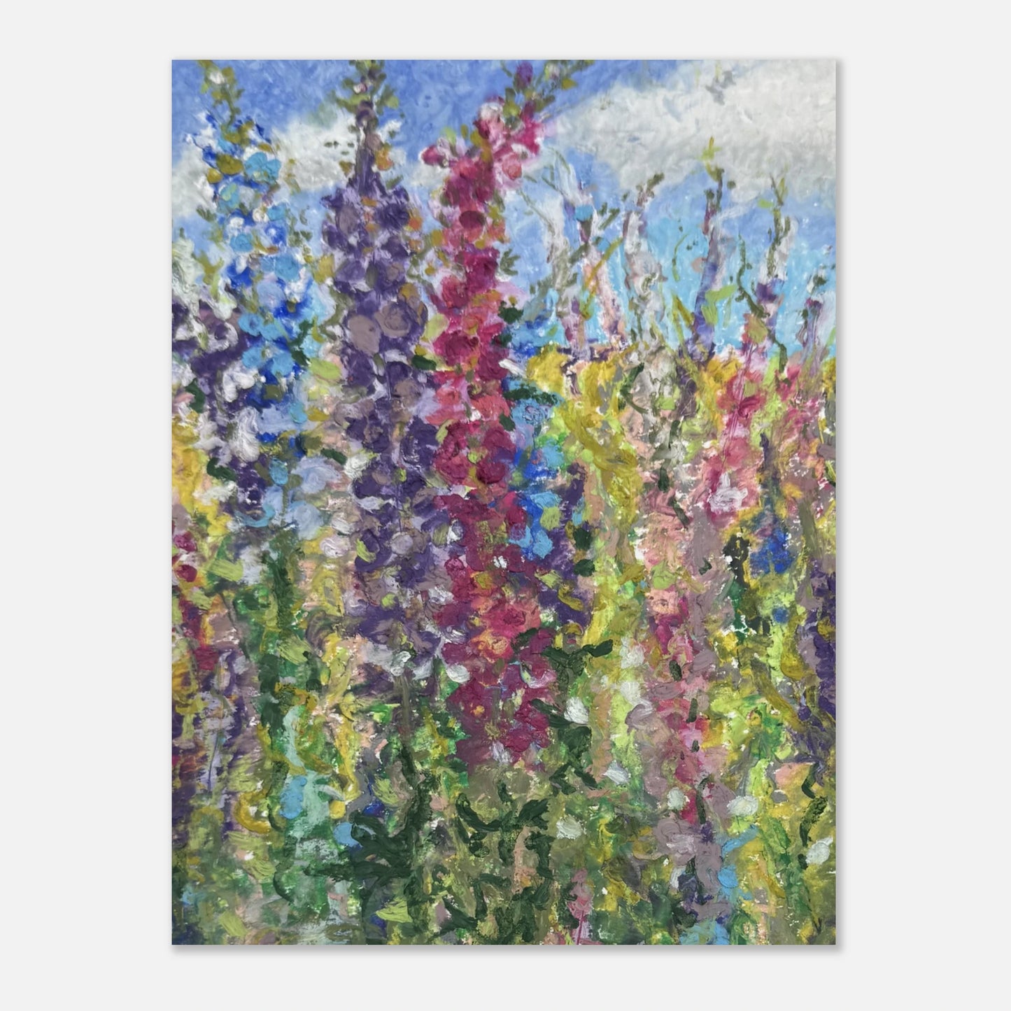 Original soft pastel painting of delphinium ‘Confetti’ flower field with tall blue spires in summer by Moira Savage