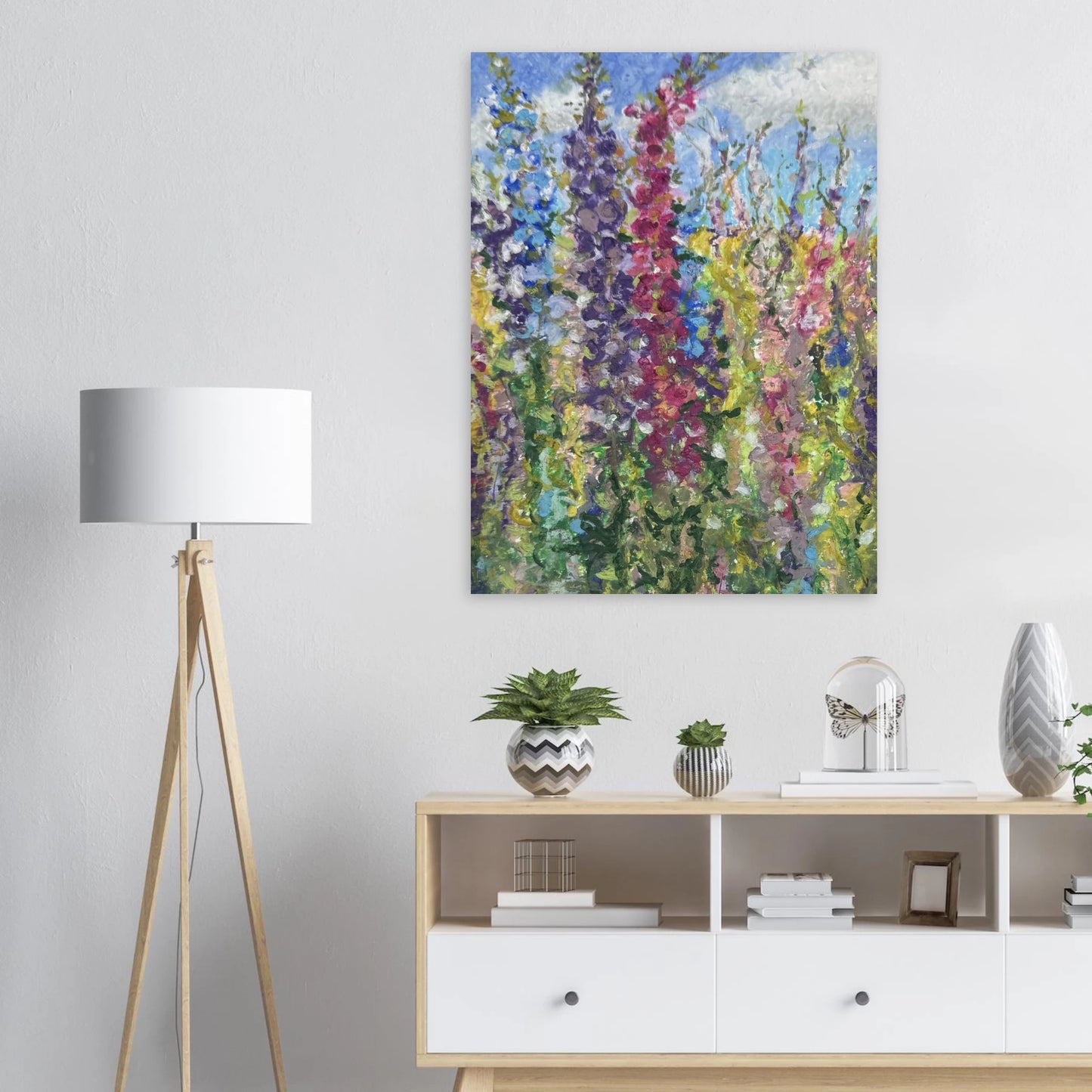 print of multicoloured delphiniums plants in oil pastel by moira savae