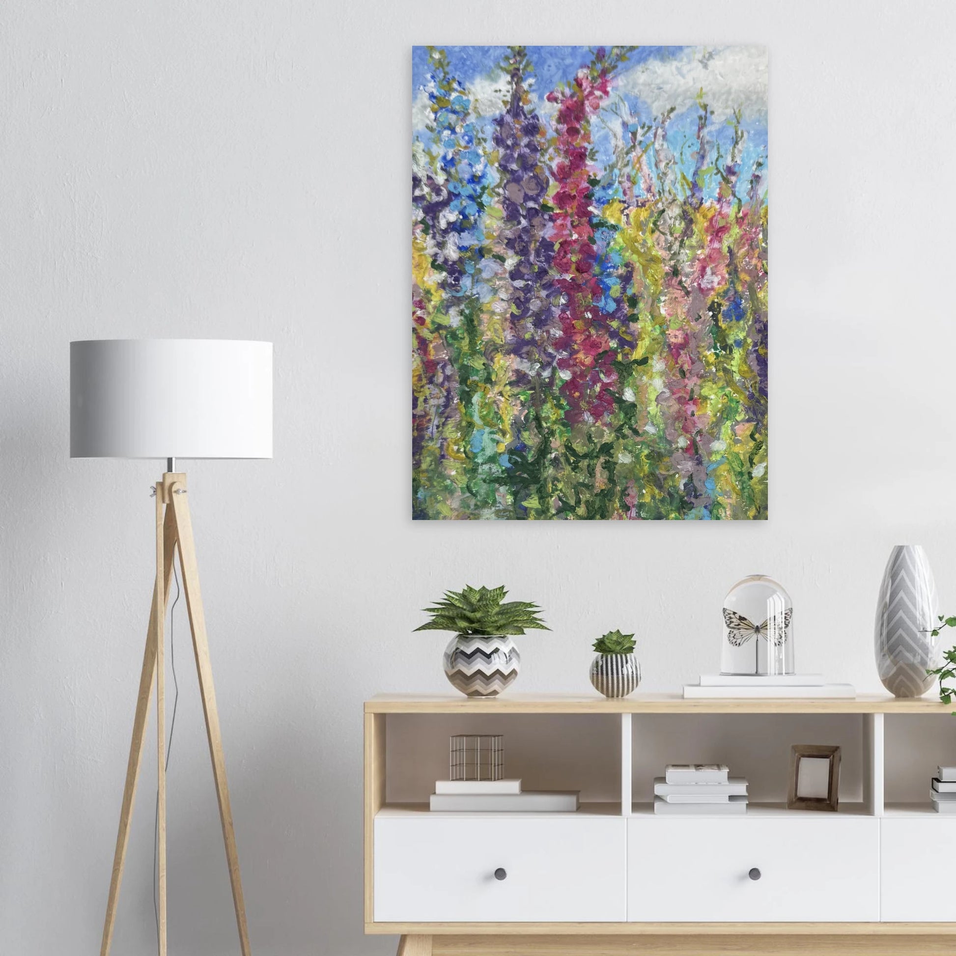 print of multicoloured delphiniums plants in oil pastel by moira savae