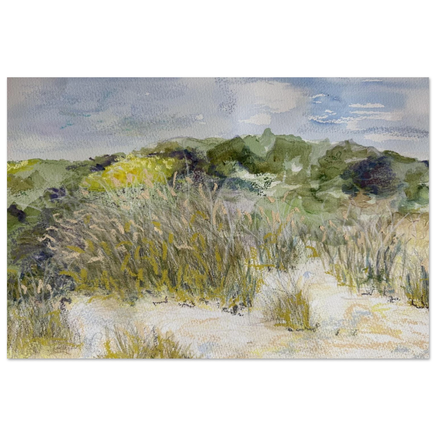 Coastal landscape of West Wittering beach sand dunes with marram grass, painted in pastel and watercolour, West Sussex