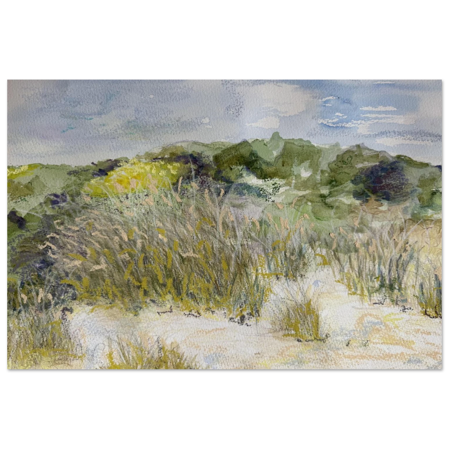 Coastal landscape of West Wittering Beach dunes painted in watercolour underpainting with soft pastel, West Sussex seascape art